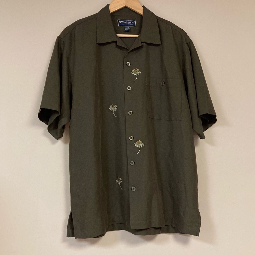 Palm Tree Shirt Men's Medium Olive Green Button Down Beach Resort Summer Top
